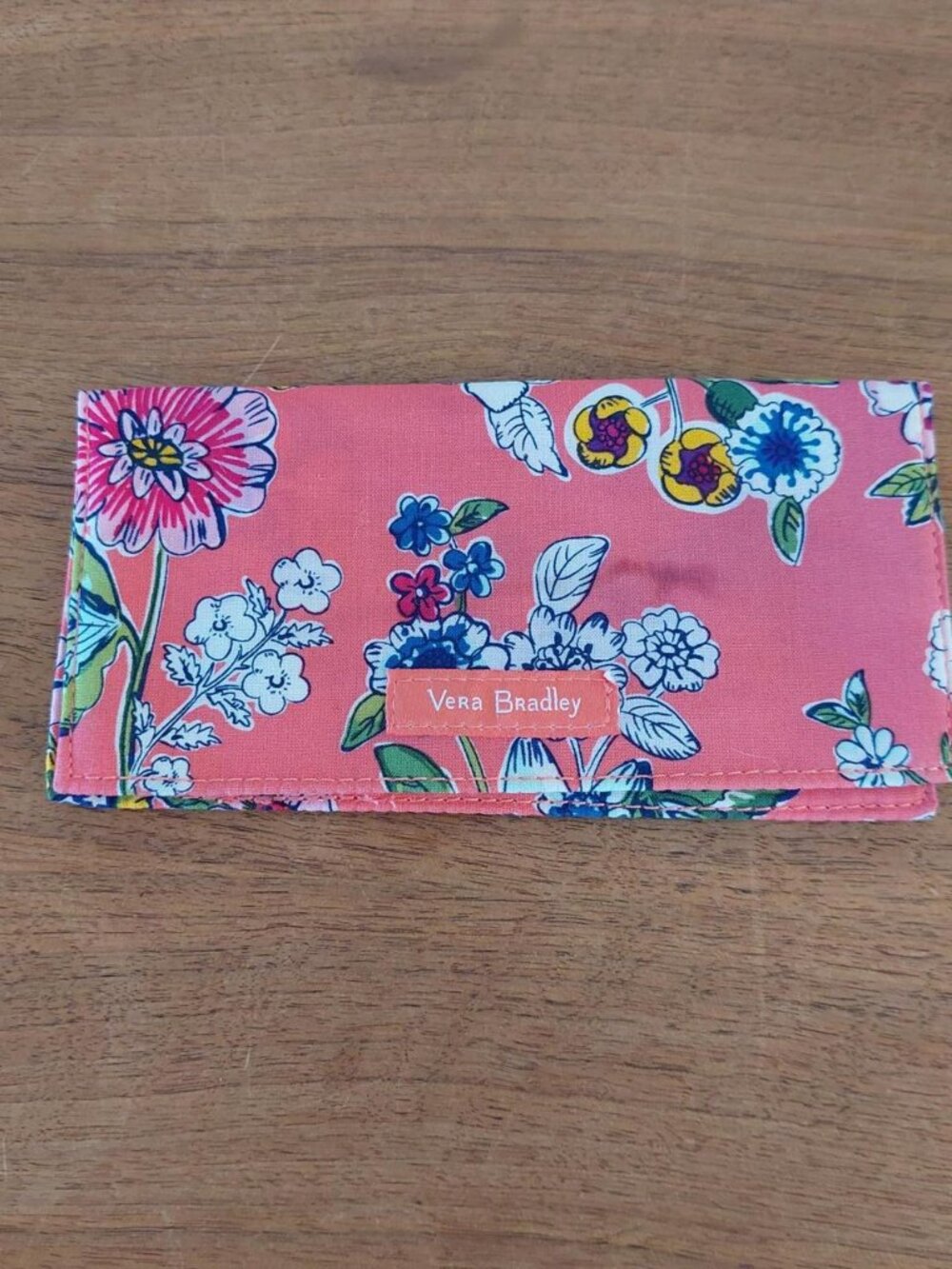 Vera Bradley Folding Checkbook Cover Wallet Coral Pink Floral Cotton Fabric is